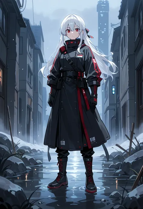 girl, white haired, red eyes, black clothes, standing