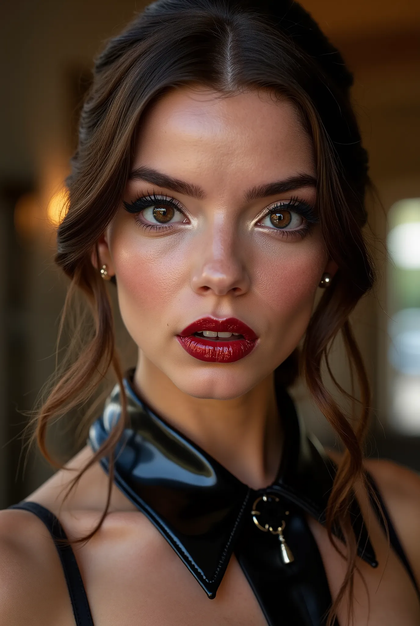 elegant brown hair, lip botox injections, extremely shiny bright red lip gloss, red lip gloss, eyeliner flicks, latex rubber fetish outfit for a secretary, wearing her hair up, 