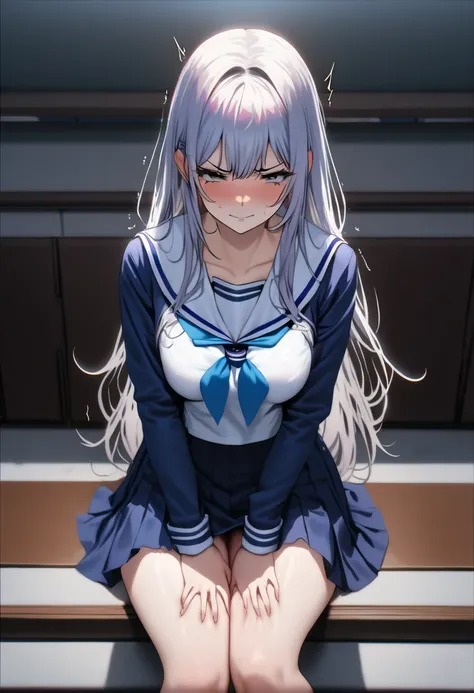 top quality, masterpiece, Hi-Res, 8k, (1 girl), Alone, sexy, (cowboy shot), ( sailor uniform), black semi-long hair, high school girl, ((( troubled face))), Place your hands on your crotch, smile, ((( toro face))), Beautiful breasts, navy blue mini skirt. ...