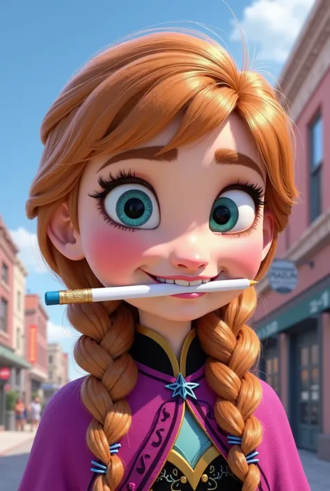 Tip: A very lovely Anna from FROZEN being happy alone in Downtown San Diego in the sun… The illustration is a high definition illustration with 4k resolution., with highly detailed facial features and cartoon style visuals, close up of Anna’s face biting a...