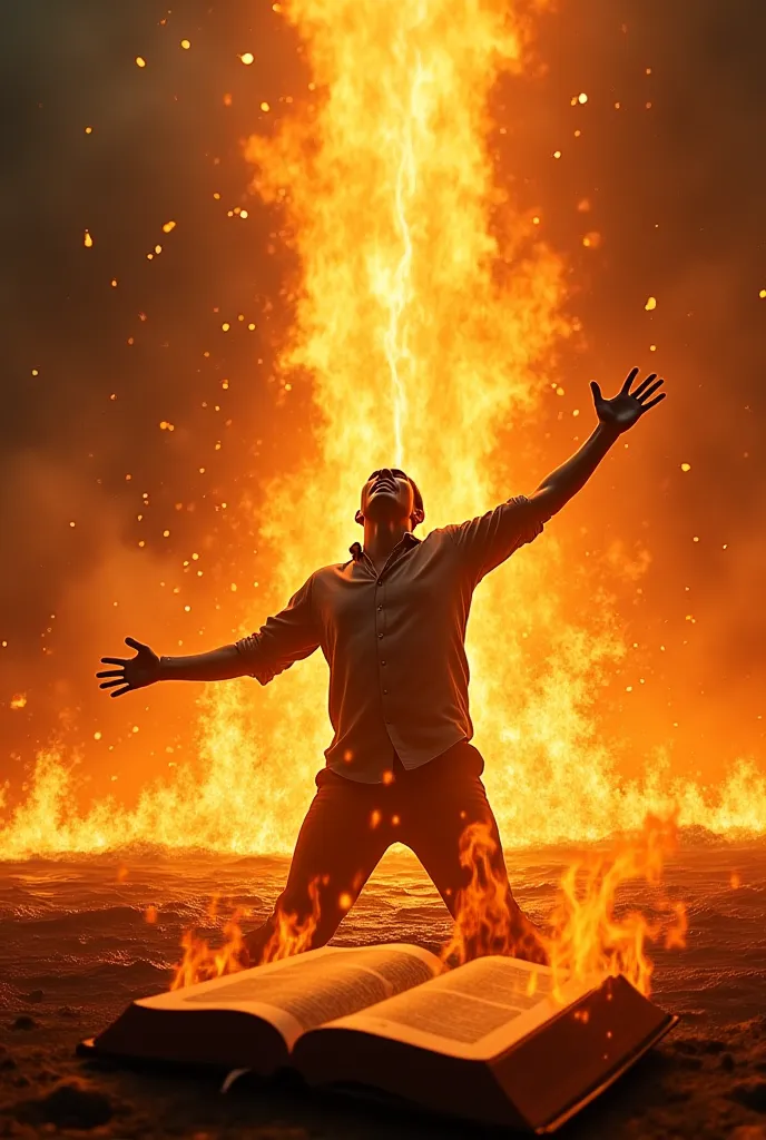 A man crying for help from God with fire falling on him and fire background mixed flames falls and waterfall with the bible in flames
 in the background 