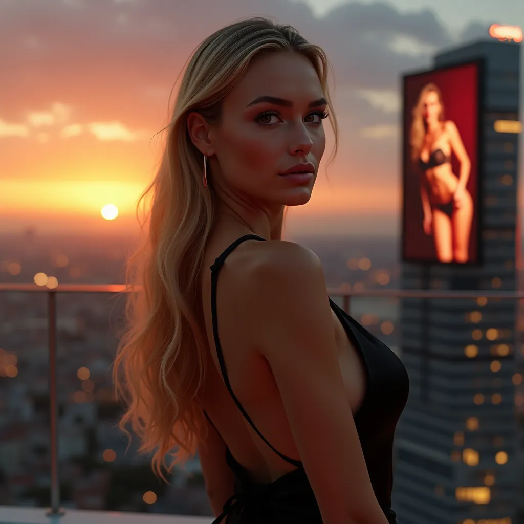 A realistic, high-quality 8k masterpiece of a young blonde woman, 23 years old, with straight golden blonde hair cascading down her back, amber eyes, and a tanned, busty body with extra-large perfect breasts. She is standing on a rooftop terrace at sunset,...