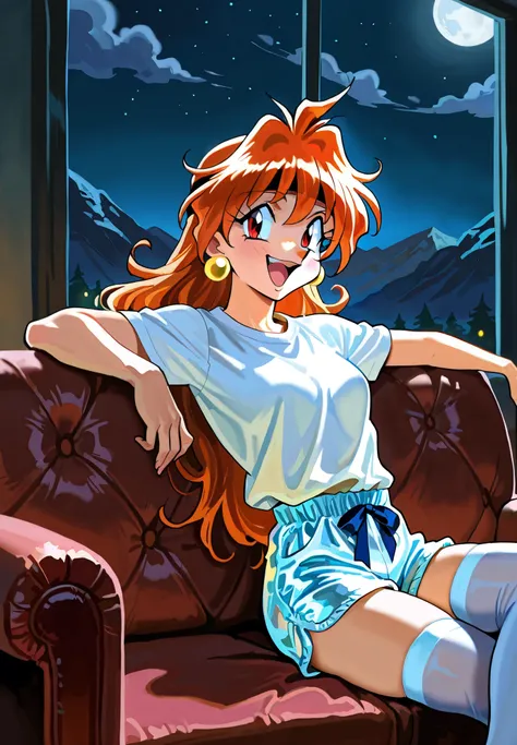 1girl, Lina Inverse, Slayers, ginger hair, sitting on a couch, thigh highs with ribbons, tight t-shirt, silk shorts, alluring pose, BREAK, night time, mountain cottage, cinematic lighting,