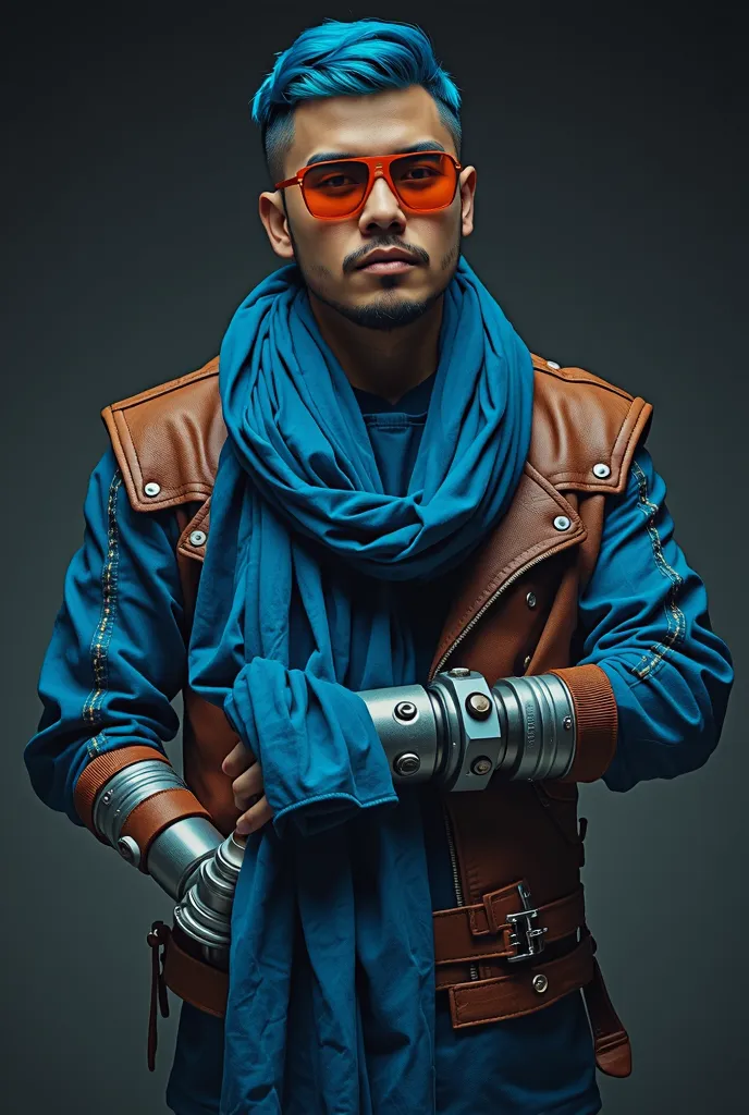 Ovan is dressed mostly in shades of blue, with traces of leather scattered all over his clothing, along with a long flowing blue scarf. . He wears a pair of orange sunglasses and used to have his left arm wrapped in a huge metal cylinder equipped with a lo...