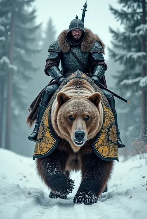 A fierce Russian warrior clad in dark, intricately detailed medieval armor rides atop a massive armored bear through a cold, snow-covered forest. The warrior wears a hood over his battle-scarred face, his piercing gaze locked on the horizon. His steel-plat...