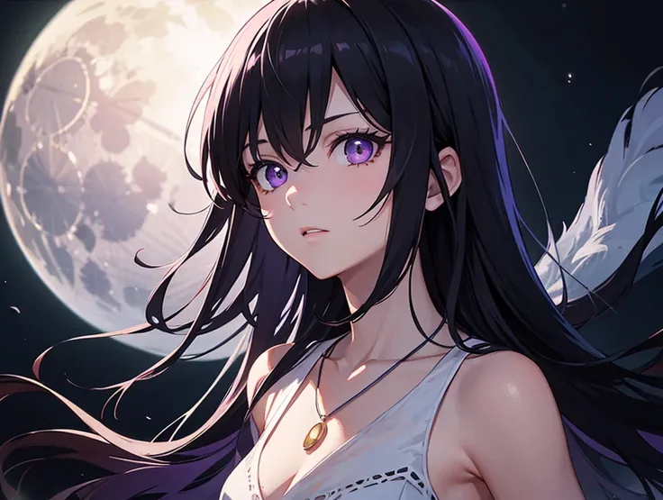 A young girl with long black hair and bangs, large and bright purple eyes with an intense shine,  with a serious and penetrating expression . The angle of the camera is slightly offset. His face is slightly turned to the viewer's left, but his eyes look di...