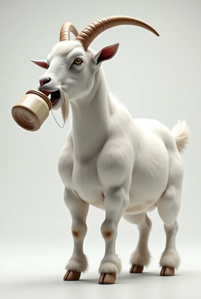 A white muscular goat drinking whey protein