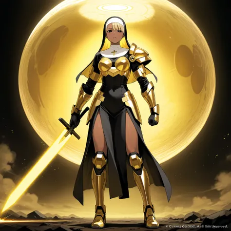 Cybernetic combat Nun with Shoulder length Blonde hair, tanned skin, glowing Golden Irises with black pupils and white Scalera, wielding a High tech Long Sword, Wearing a Red and Black Nun's Habit on her head, wearing a Black and Metallic Red High-Tech pow...