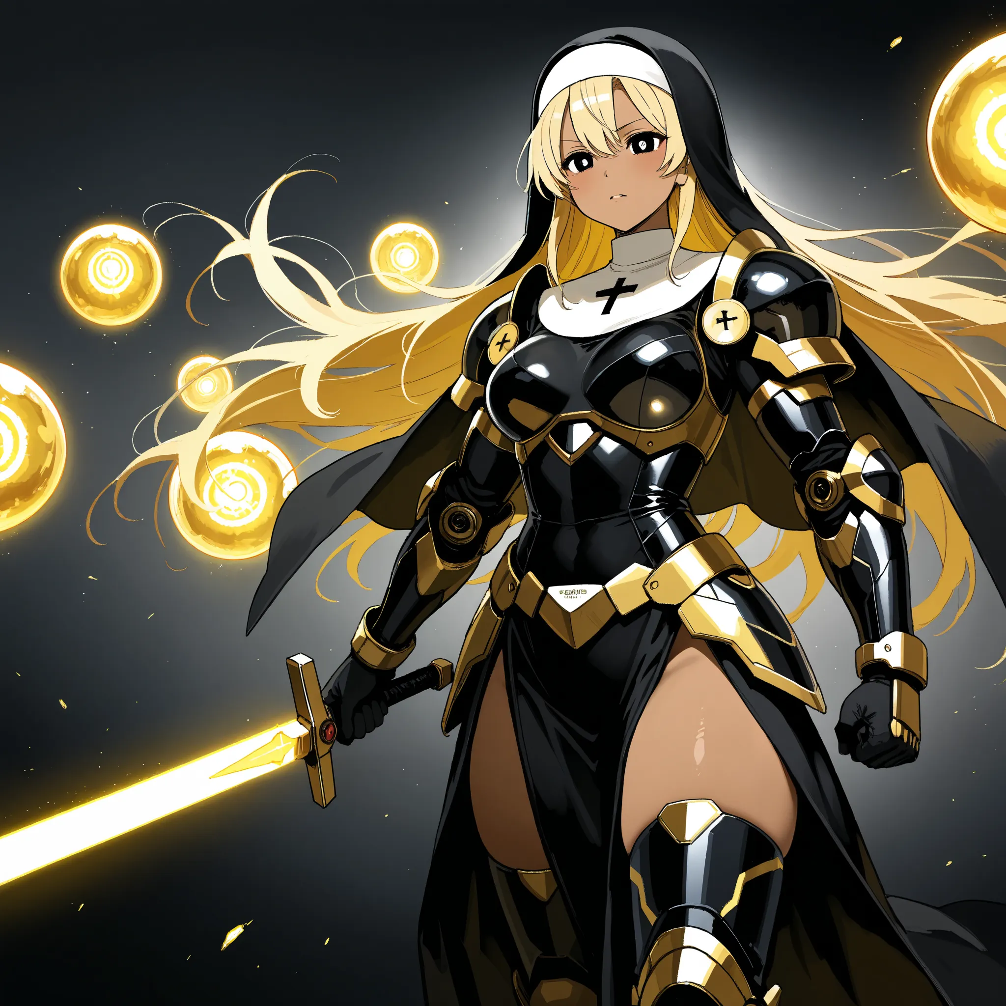 Cybernetic combat Nun with Shoulder length Blonde hair, tanned skin, glowing Golden Irises with black pupils and white Scalera, wielding a High tech Long Sword, Wearing a Red and Black Nun's Habit on her head, wearing a Black and Metallic Red High-Tech pow...