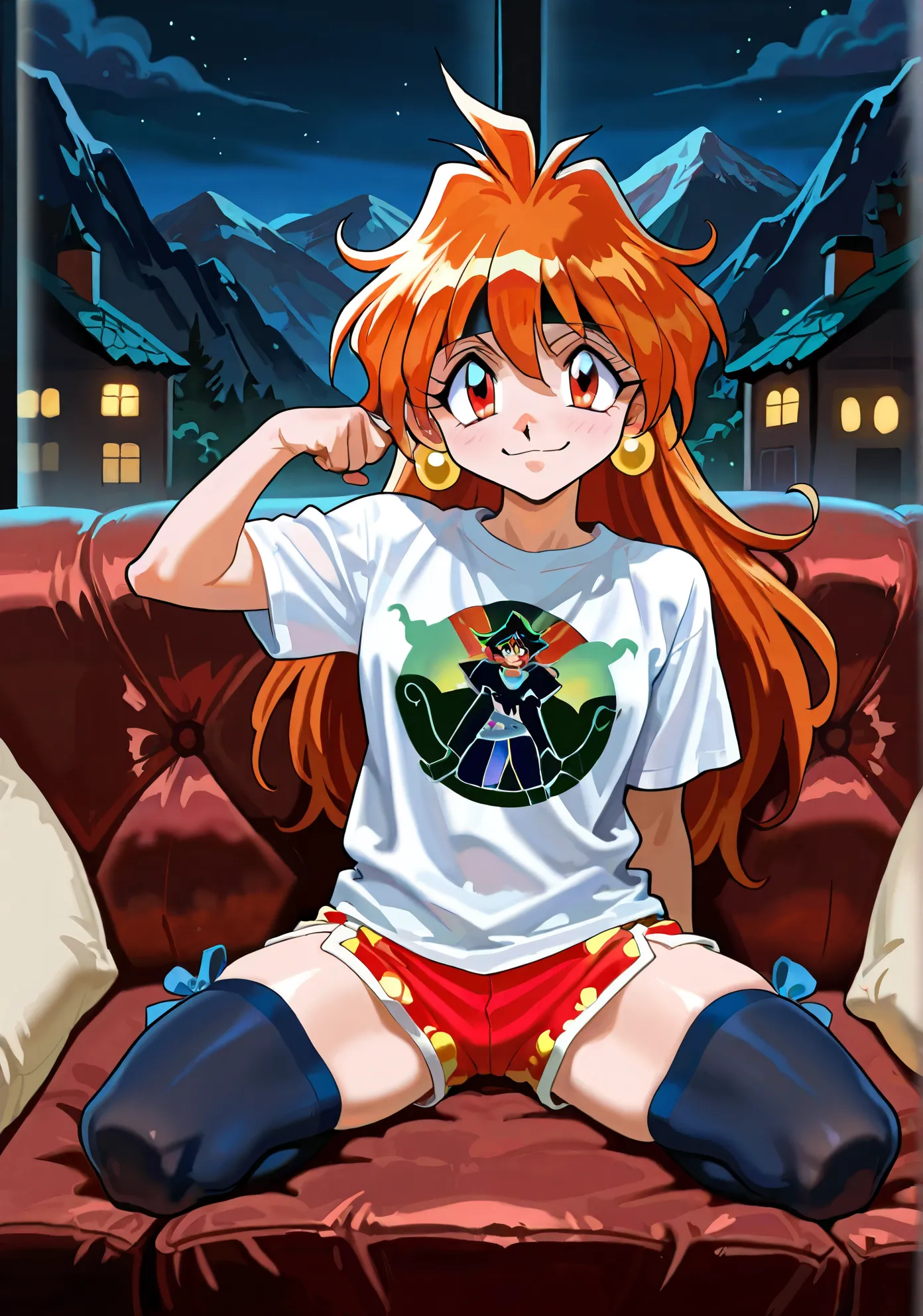 1girl, Lina Inverse, Slayers, ginger hair, kneeling on a couch, thigh highs with ribbons, tight t-shirt, silk shorts, alluring pose, BREAK, night time, mountain cottage, cinematic lighting,