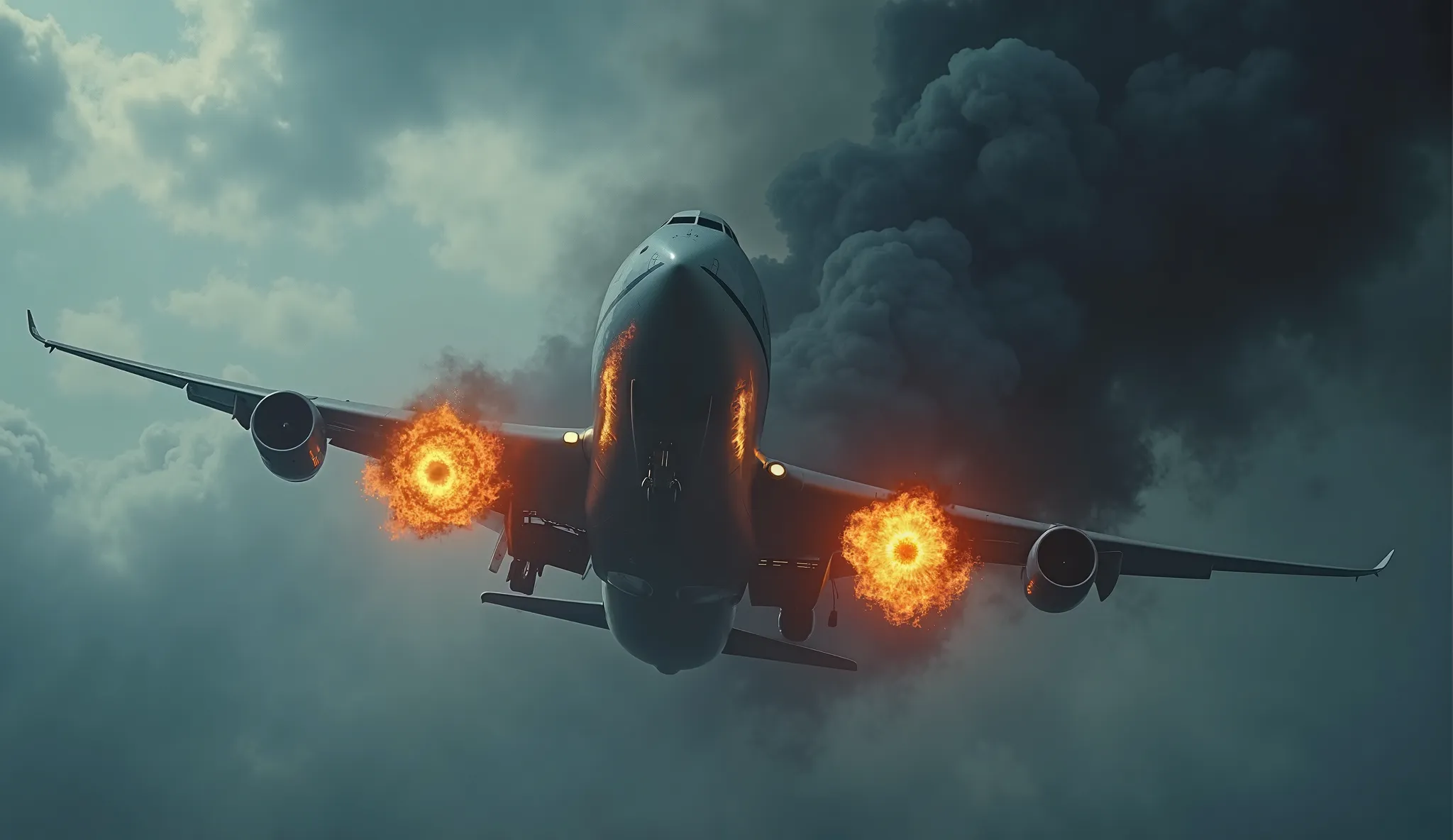 A dramatic mid-air scene of a large commercial airplane with its engines on fire, thick black smoke trailing behind, flying through a stormy sky. The aircraft is a modern double-decker jet, wings slightly tilted, showing distress. Intense flames engulf the...