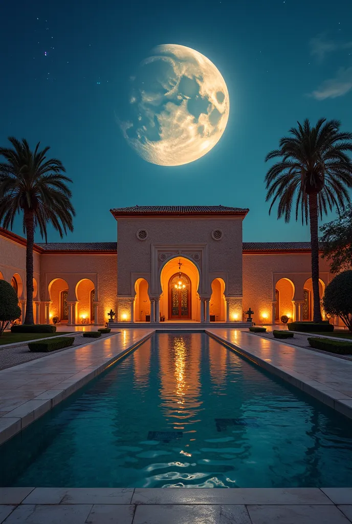 A true picture of an Andalusian palace with a Ramadan atmosphere and a moon above it carrying Ramadan Kareem

