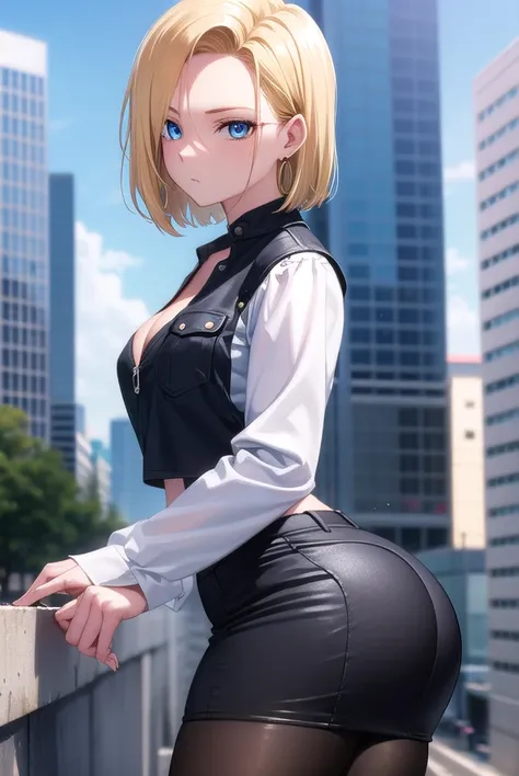 android18, android 18, blonde hair, blue eyes, eyelashes, hoop earrings, short hair, earrings,
BREAK, brown pantyhose, black shirt, breast pocket, cleavage, collarbone, black leather skirt, high-waist skirt, jewelry, long sleeves, pocket, shirt, crop shirt...