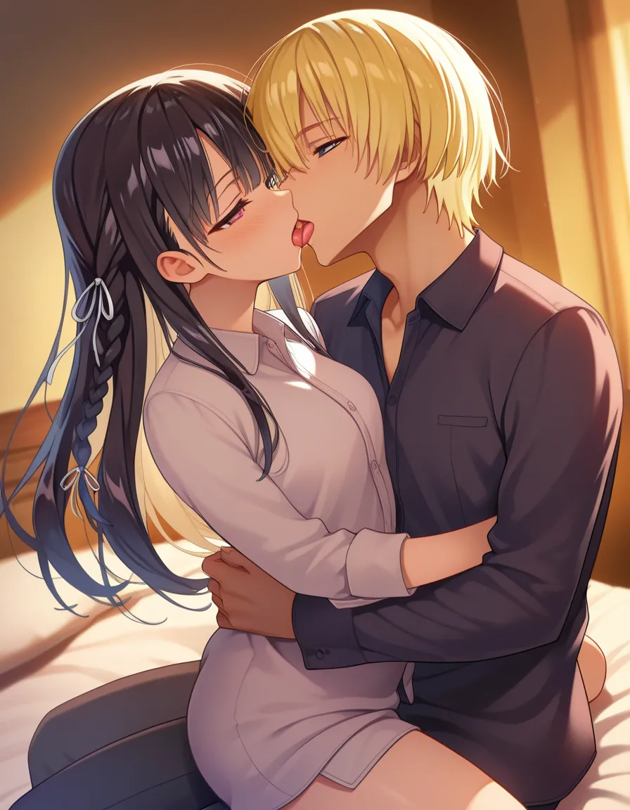 masterpiece, best quality, absurdres, safe
1girl suzune horikita black hair red eyes long hair braid hair ribbon,
,,, ,,1boy miyabi nagumo blonde hair blue eyes ,, (man and woman kissing), (French kiss),, upright straddle,,, cowboy shot, , dutch angle,,, i...