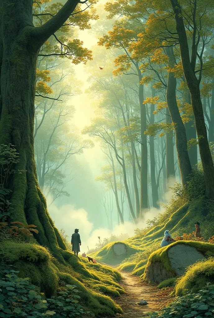 "A peaceful forest in the morning, sunlight filtering through the trees, birds chirping, a light mist in the air, serene and magical atmosphere, cinematic shot"