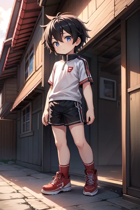 From the outside great work Shota black hair full body clothes shorts red shoes background house high quality