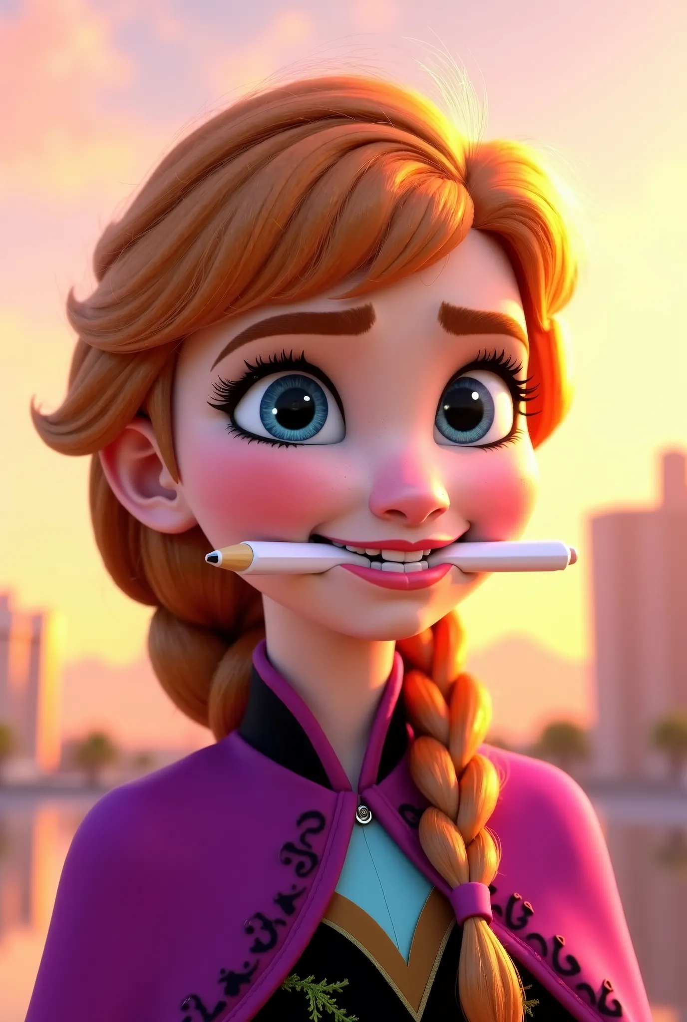 Tip: A very lovely Anna from FROZEN being happy alone in Downtown San Diego in the sun… The illustration is a high definition illustration with 4k resolution., with highly detailed facial features and cartoon style visuals, close up of Anna’s face biting a...