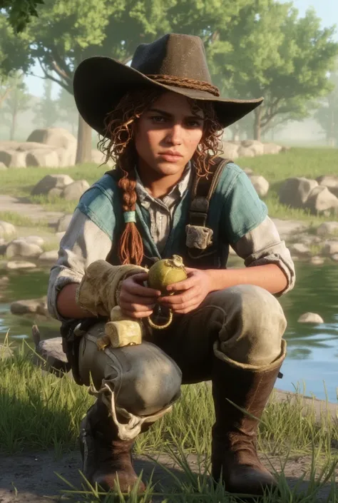 A handsome very young boy, no beard, full lips, very handsome, with long, chestnut curly hair braided into a low ponytail, wearing a slightly weathered cowboy hat tilted back on his head, sits on a rock in the middle of a sunlit clearing. He leans forward ...