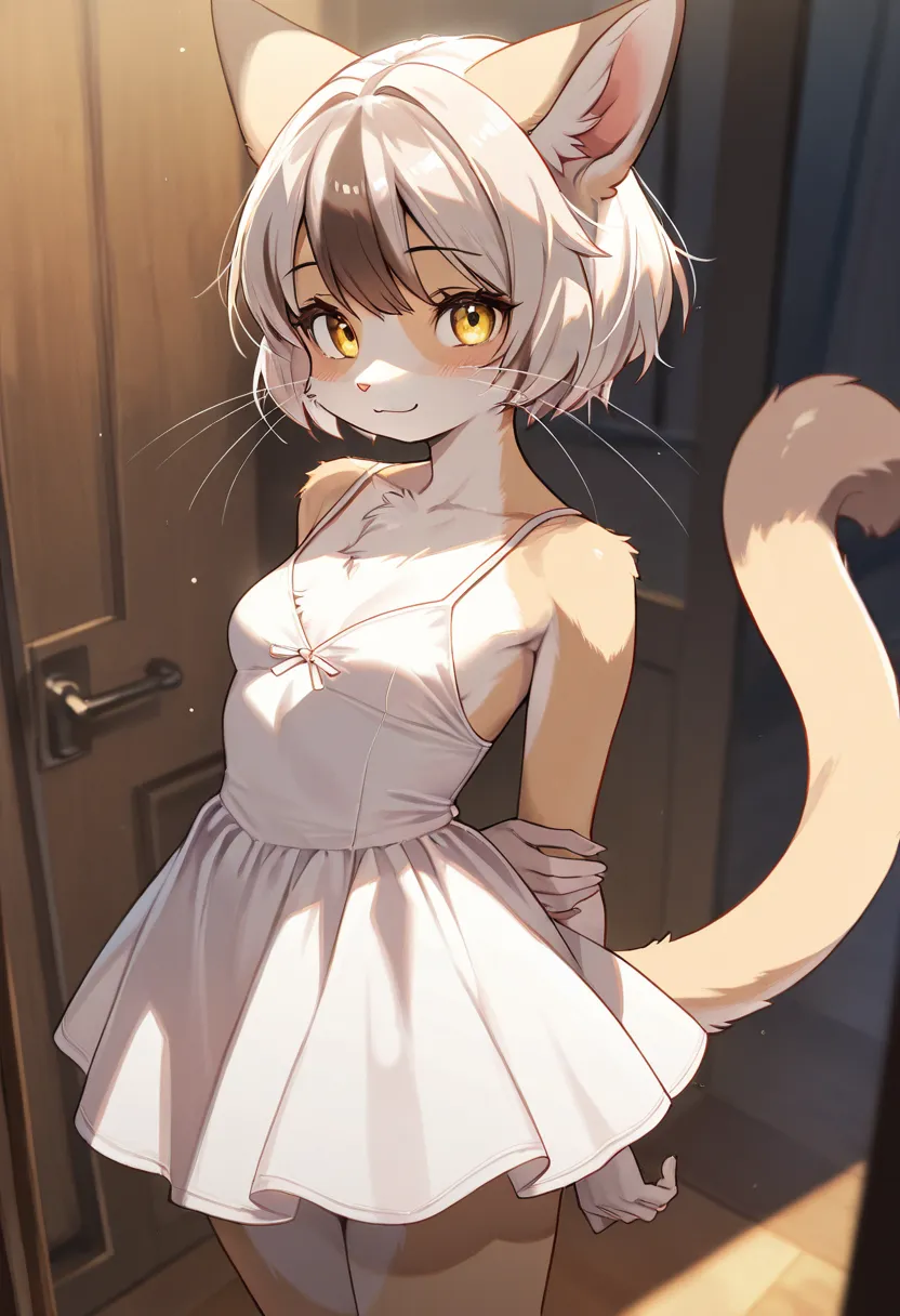  very awa, masterpiece, best quality, newest,  highres, aburdres、、1 girl, ( furry , kemono  :1.5), cat girl ,   animal nose  ,  Very Thin Body、very thin legs、slightly long neck 、Very short cat ears,  small breasts、cat tail、gray short hair、brown and white b...