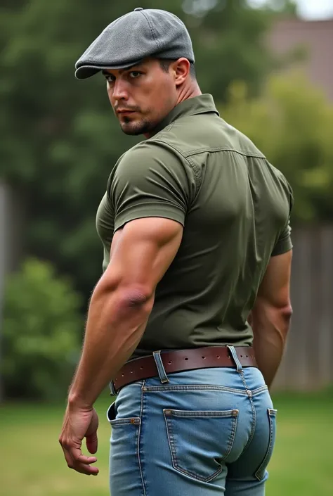 realistic photography, 35-year-old muscular (((athletic man))) , , view From below, nalgon in profile, militar green formal shirt and very tight tight washed-out light blue levis jeans, brown belt, in profile, Big butt, viendo a cámara,  black eyes, in the...