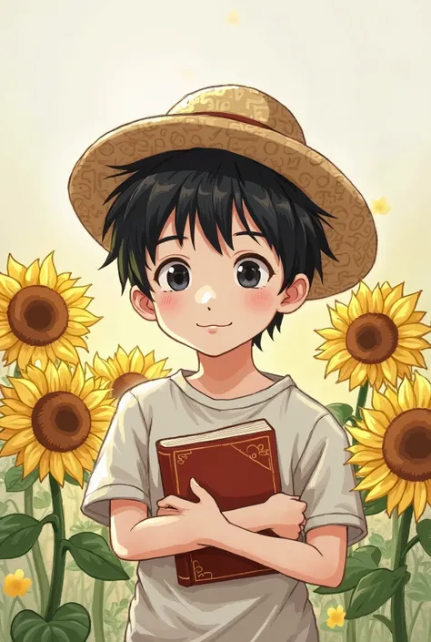 Create for me a white-skinned black-haired boy a very simple drawing, even though it seems to be made of very simple digital art in the middle of several sunflowers wearing a straw hat holding a book, that's all.