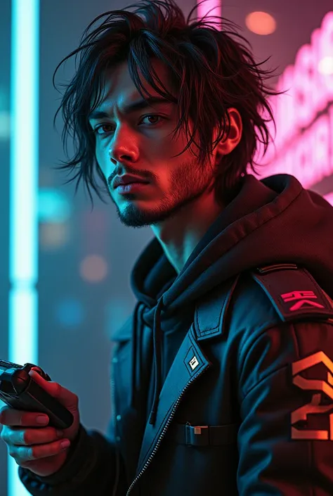 young man wearing Cyberpunk themed clothing , long hair black , make the beard slightly longer. Let him hold the game lever in his hand. Have text in a visible place. "Jaeger-x "  Let it be written 
