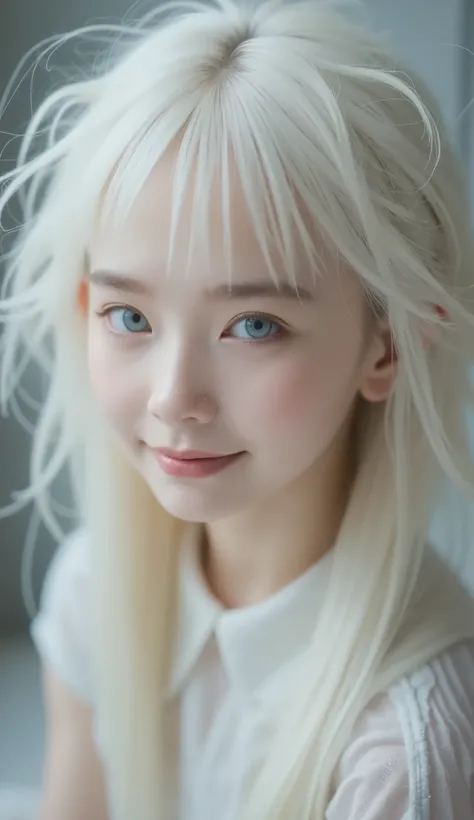 Best Quality、masterpiece、RAW Photos、Film Grain、8k、Ultra-high resolution、Very cute girl、albino girl、pale face_Eye _lips、(((Spiky hair、Long white hair、Pale sparks in hair:1.37、Spiky hair caused by static electricity、Pale Sparks、Pure white hair:1.2、Surprised ...