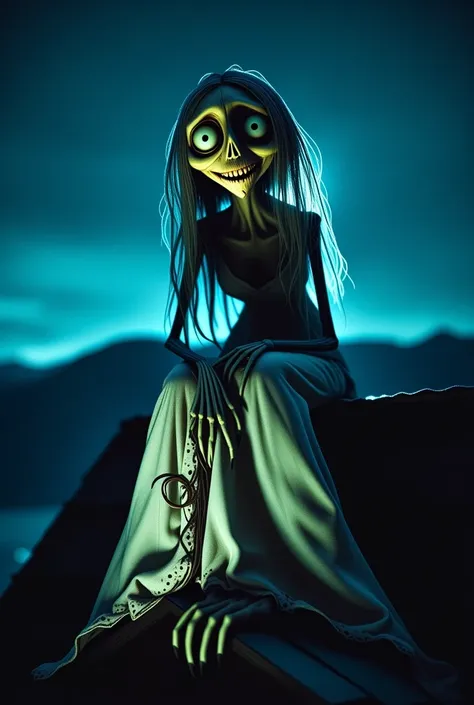 darkframe,A creepy, cartoonish witch sitting on a roof at night, with a dark blue sky and mountains in the background. She has bulging eyes, an ominous smile and a wrinkled, yellowish skin, with an exaggerately-pointed nose and chin.  her hair is long,  Gr...