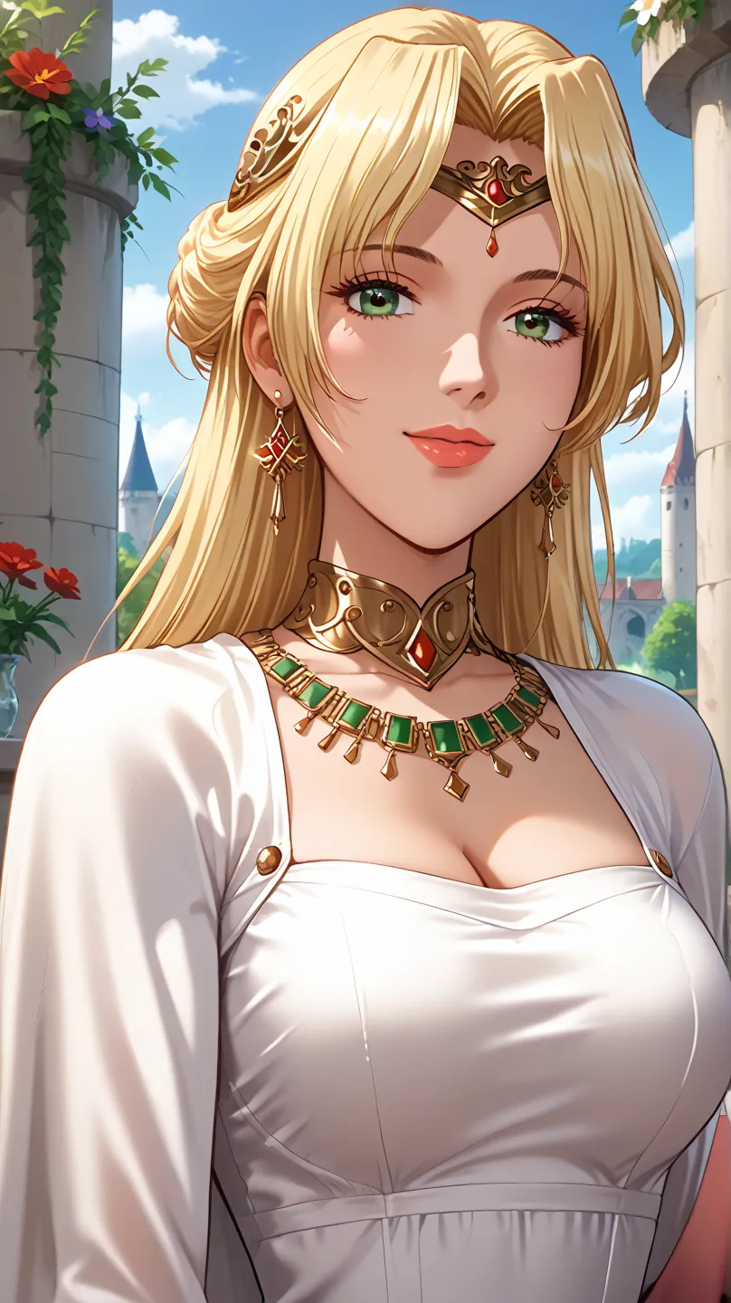 masterpiece, highres, anime_source, hourglass figure, vibrant colors, 4k, hd,score_9, score_8_up, score_7_up BREAK  1 girl, mature woman, milf, leila eberwein, blonde hair, long hair, green eyes, lips, white dress, long sleeves, taut clothes, cleavage, cap...