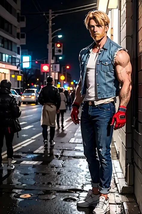 axelstone, blonde hair, blue eyes, diadema, beard, denim shirt, white sleeveless t-shirt, diadema, denim pants,flannel jacket ( On the hips ), shoes, fingerless gloves, looking at the spectator, serious, full body photo, 
 of foot, out, city, street, night...