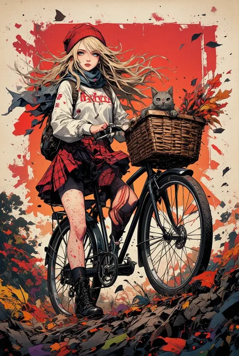  human anatomically accurate  ,   beautiful full body girls   ,  bicycle that is in the highest ranking on pixiv:1.5, ((Manga Style:1.51)), linear  ,   She has a half face   ,    red and black plaid mini skirt   ,   3/ 4 Length Fishnet Stocking   ,  Longer...