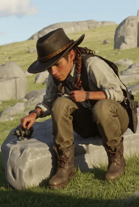 A handsome very young boy, no beard, full lips, very handsome, with long, chestnut curly hair braided into a low ponytail, wearing a slightly weathered cowboy hat tilted back on his head, sits on a rock in the middle of a sunlit clearing. He leans forward ...