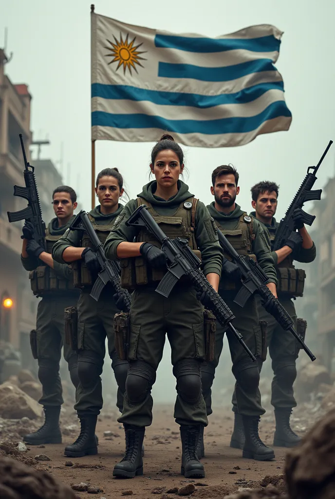 5 fighters with rifles (one woman and 4 men) in a war environment. (In the background a Uruguayan flag and a title that says TEAM UY