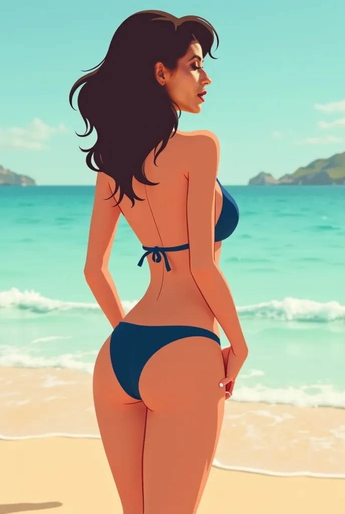 Create an animated video based on an image of a woman with her back on the beach,  wearing a bikini. The animation must show a smooth and natural movement where she Take off your bikini calmly, No rush, and places her hands on her knees, lifting the hips s...