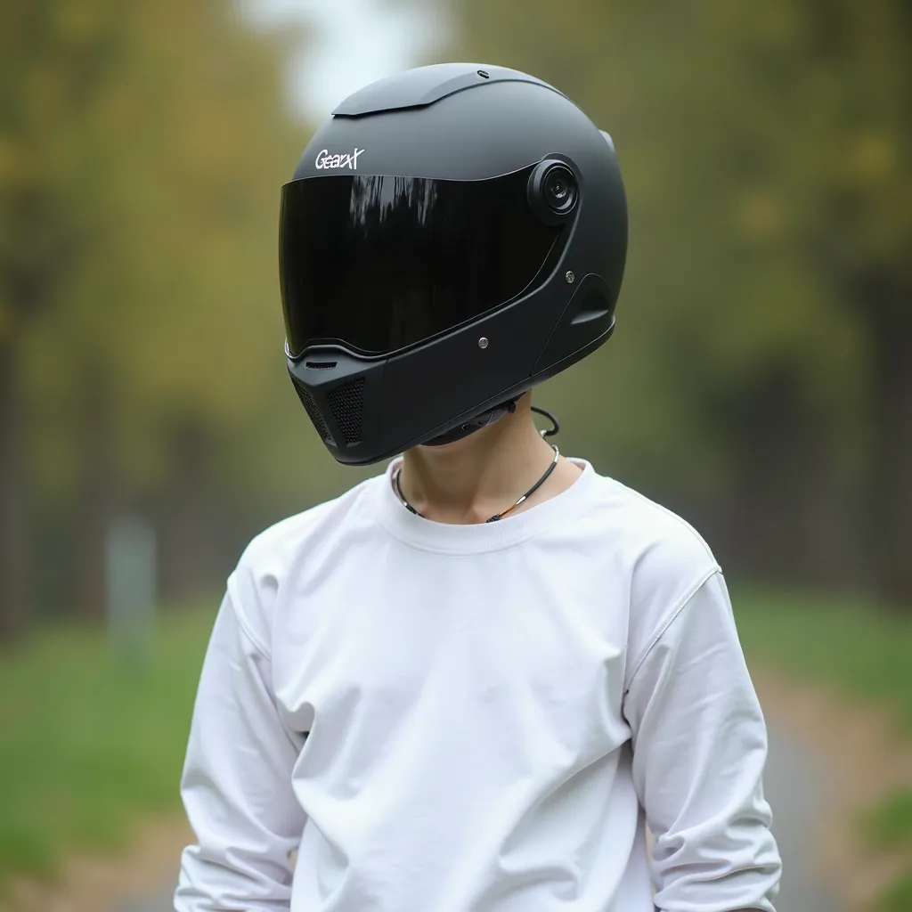 Create an image of a 16-18 years old boy standing confidently. He is wearing a white full-sleeve t-shirt and a gearX x1 jet black helmet. The helmet should completely cover his face, so his features (eyes, mouth, nose) are not visible. The background shoul...