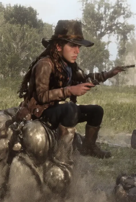 
A handsome very young boy, no beard, full lips, very handsome, with long, chestnut curly hair braided into a low ponytail, wearing a slightly weathered cowboy hat tilted back on his head, sits on a rock in the middle of a sunlit clearing. He leans forward...