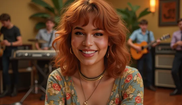 Photorealistic Fat Pretty Girl with freckles and curly shoulder length hair Smiling in a 1960s recording studio with a band from the 1960s