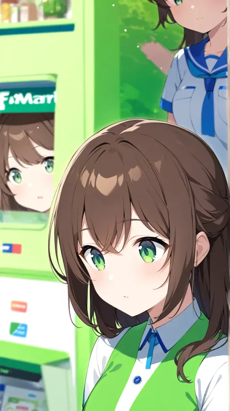 one girl、is facing the front、Combine FamilyMart uniforms with Lawson uniforms、Standing still、green back、hair brown、Light green eyes、Semi-long hairstyle、half up、 no background、background green、