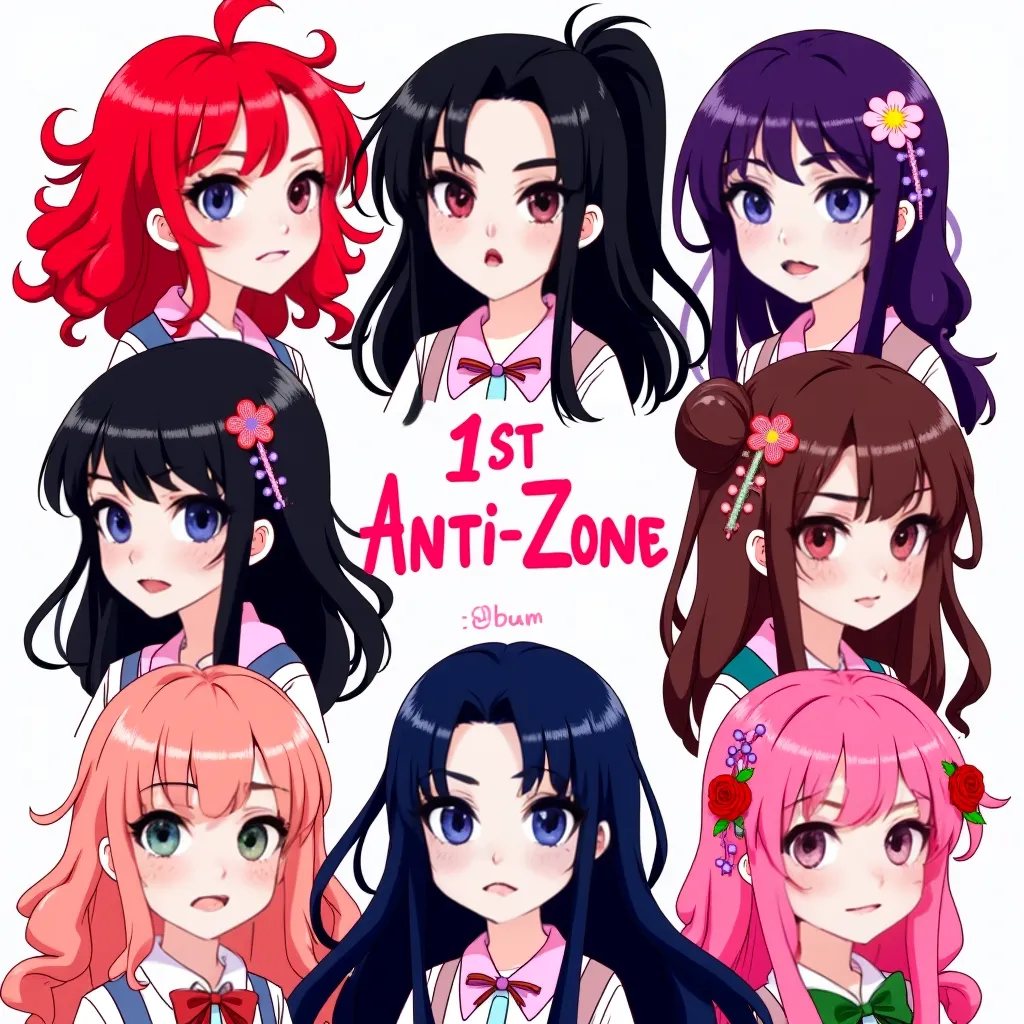 Make seven female characters. One with wavy red hair and purple eyes, Another with a long black ponytail, Another one with two bumps one on the other side of the head, Another with straight dark blue hair, another with a single purple braid, Another with c...