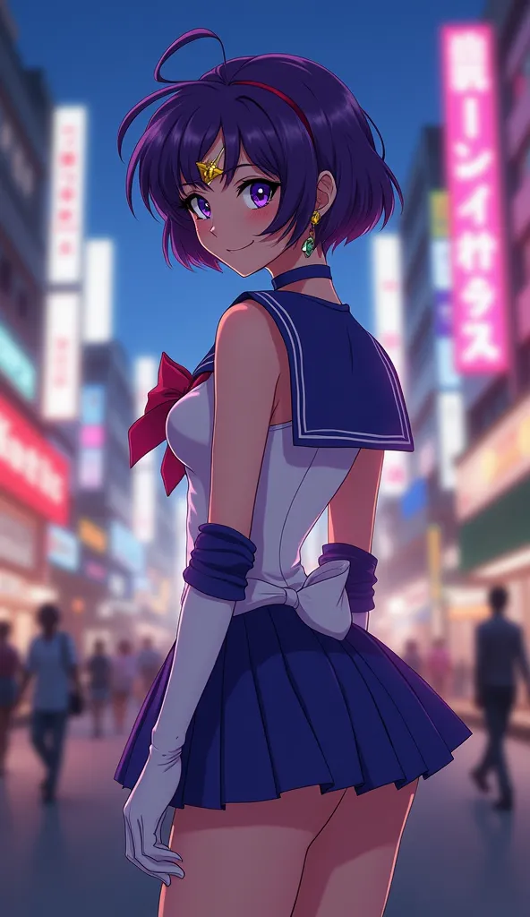 real photos masterpiece, full body shot, good quality, Japan woman, back to the viewer, looking back to viewer, smiling sailor Mercury, purple eyes, short hair, purple hair, circlet, brooch, choker, earrings, gloves, jewelry, miniskirt, purple sailor colla...