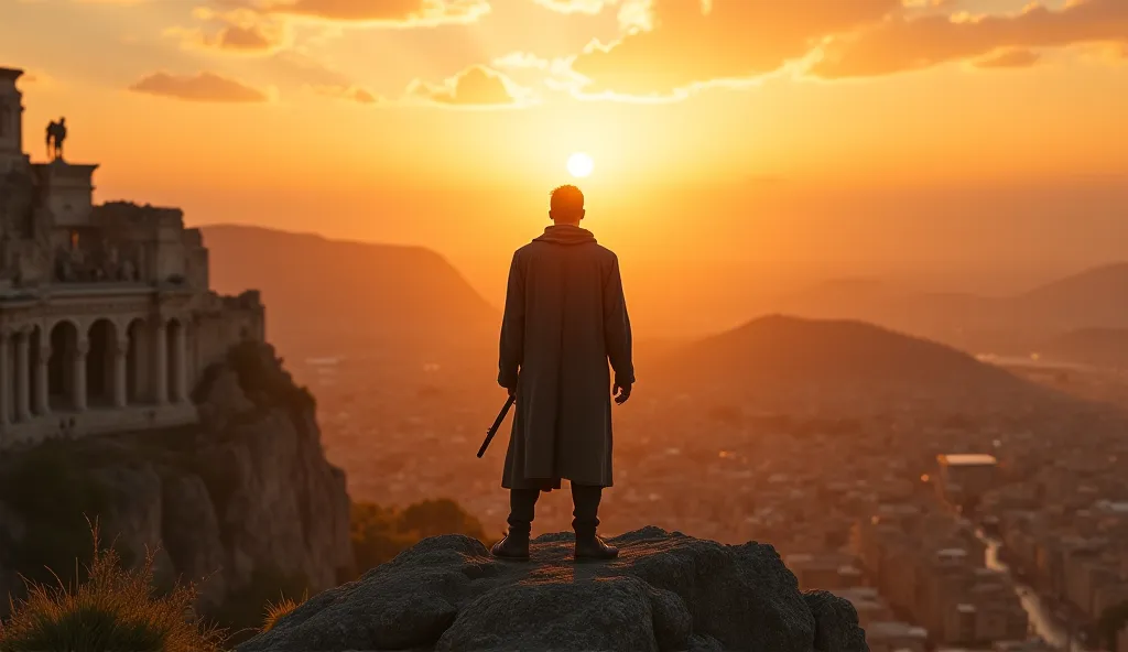 A man standing on a mountain top, looking at the horizon where the sun sets in its golden color, and in front of him is an ancient city with a Roman character, where statues and palaces rise Great. His inner voice is repeated:
"Imagine that your life is in...