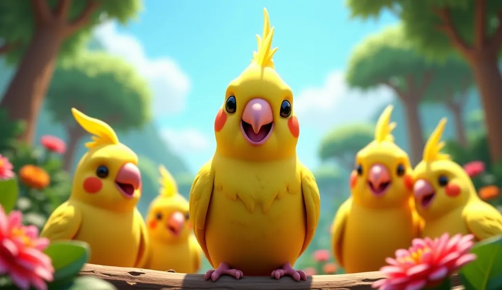 create a full-body yellow cockatiel looking forward , happy, happy, satisfied, behind her other yellow cockatiels on a forest background with colorful flowers and blue sky,  Ultra-realistic image, 3d, cores vibrantes e happys,  Comedy scene .