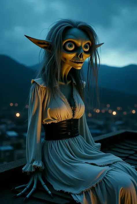 darkframe,A creepy, cartoonish witch sitting on a roof at night, with a dark blue sky and mountains in the background. She has bulging eyes, an ominous smile and a wrinkled, yellowish skin, with an exaggerately-pointed nose and chin.  her hair is long,  Gr...