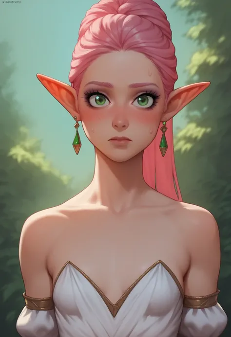 g1g1_v1, 1girl , solo, comedic sweatdrop, sexy elf woman, green eyes, pink hair, long straight hair, eyeliner, perfect face, elegant, refined, small breasts, bare shoulders, detached sleeves, dress, portrait, looking at viewer, nervous, fidgeting, blush, o...