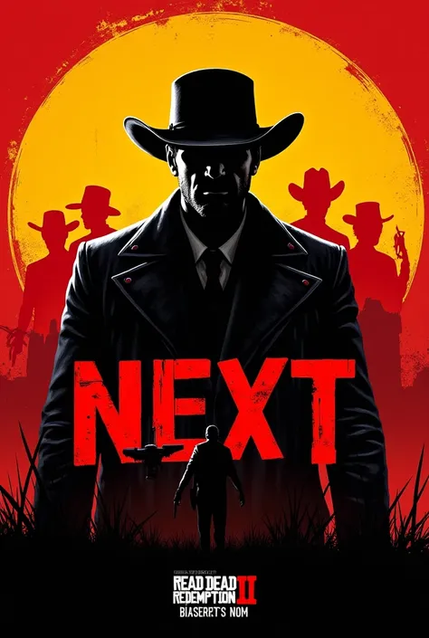 Create an image of Read Dead Redemption 2 I want Dutch to appear with some letters in red above it saying "NEXT" then Micah with a red X on his face putting Dead and then Arthur with the symbol of High Honor on the right and the low Honor symbol on the lef...