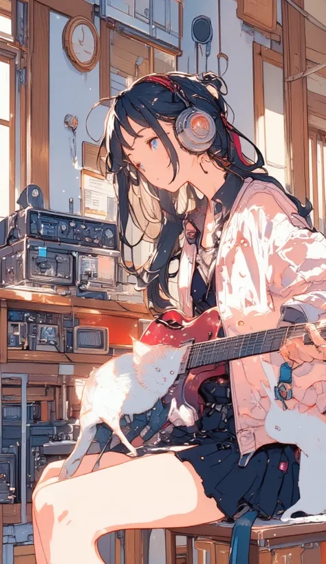 top quality,       masterpiece,   very accurate,   Hi-Res,    Beautiful 8K Computer Graphic Art,  perfect anatomy,  perfect configuration,    Blue Eyes，         black hair，       headphones  ，with a red ribbon on his head，pleated skirt， Showa era Japanese-...