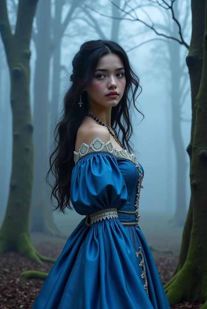 Girl 20 years old with black wavy hair and light blue eyes in a medieval blue dress The color palette has White blue black and lilac tones background - foggy forest