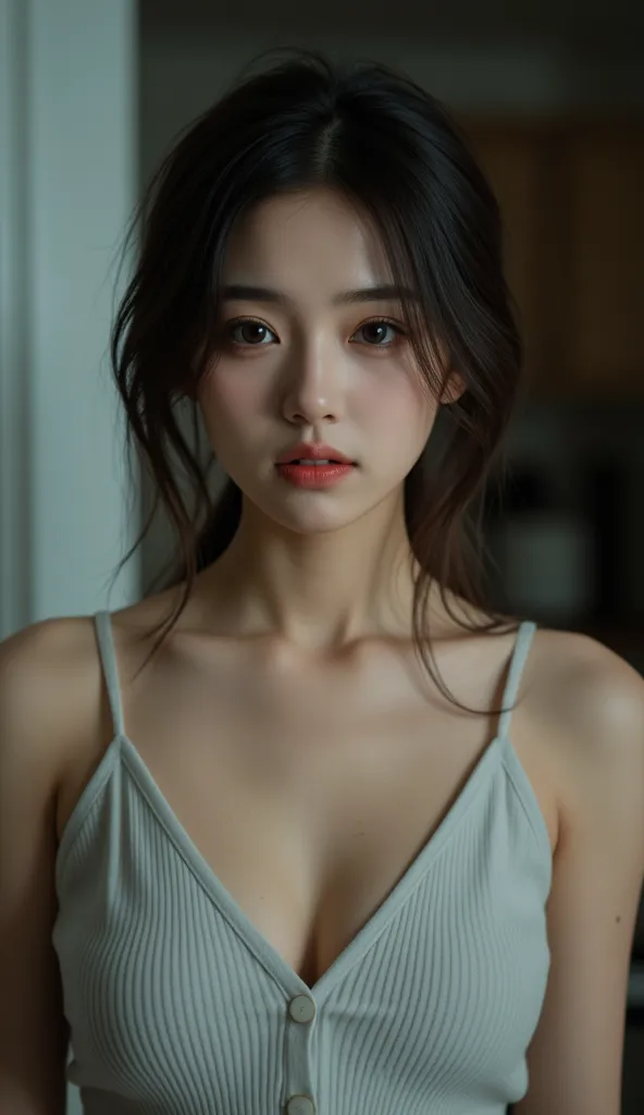 in high-definition images、 attractive young woman ,   beautiful eyes , features ,   High-quality full body image  , home background , standing upset,  and looks at the camera.