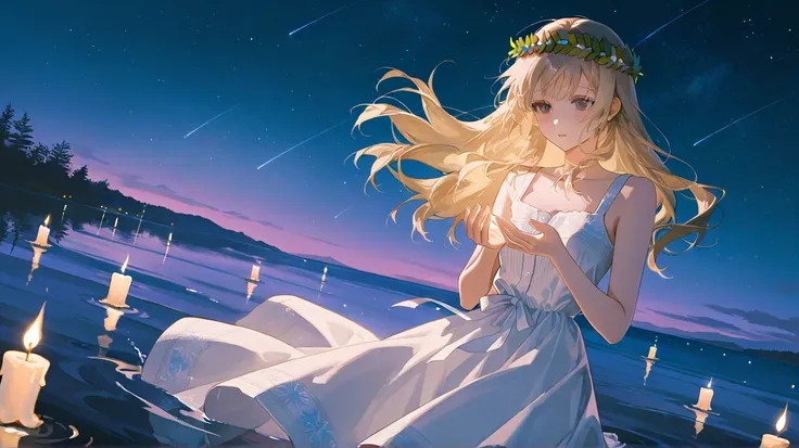 The reflection of the starry sky in the water, the reflection of the dawn on the water surface, blonde girl with light golden hair, developing in the wind, Dark brown eyes , Slavic shirt with a, Slavic white sundress with Slavic patterns, pattern in hands ...