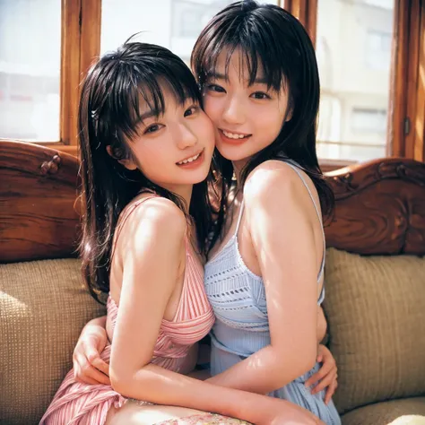 基本設定
 • 35mm compact film camera, 1990s Japan
	•	POV of a boyfriend dating Japanese twin idol sisters
	•	Candid, slightly blurred or out-of-focus shots capturing their charm
	•	Natural expressions, laughter, eye contact with the camera
	•	Soft grain, Warm ...